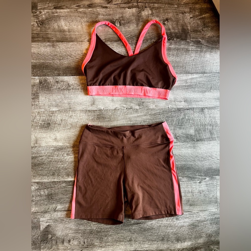 VS PINK Active Brown & Pink Sports Bra + Bike Shorts Set | Size L